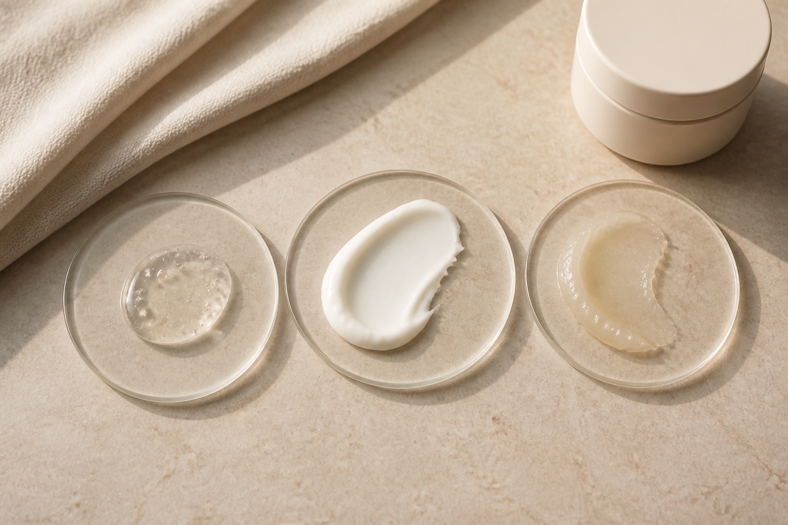 Tre texture cosmetiche senza marchio separate su palette di vetro: gel trasparente, crema bianca e balsamo più ricco