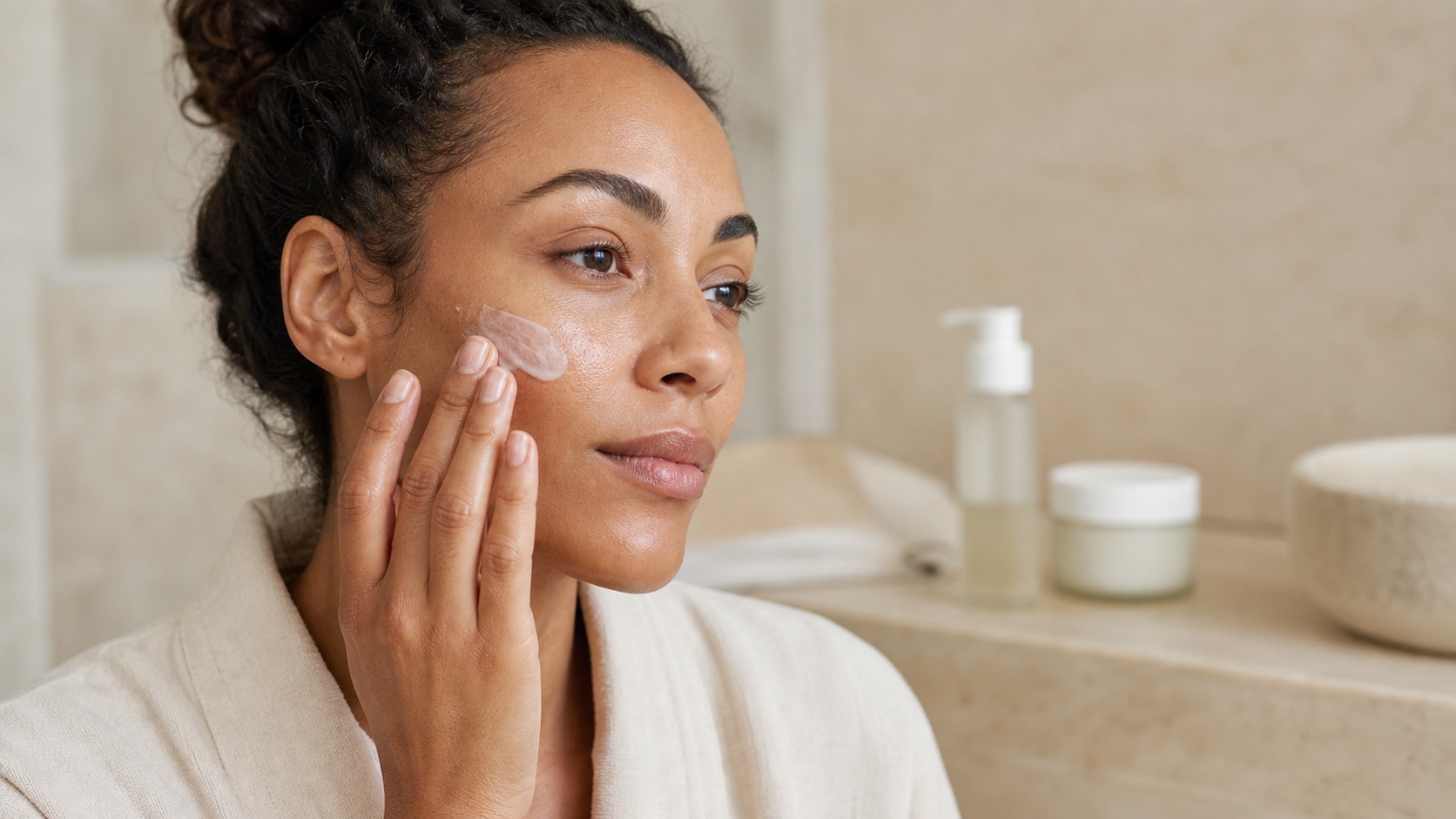 Donna adulta applica una piccola quantità di crema idratante sulla guancia in un ambiente skincare neutro