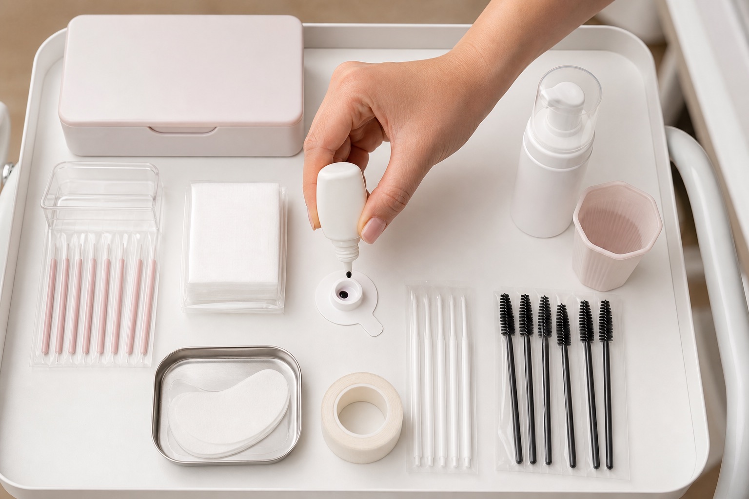 Mano adulta dosa adesivo lash in un supporto monouso accanto ad applicatori, microbrush, spoolie, patch e tape preparati per una sola cliente