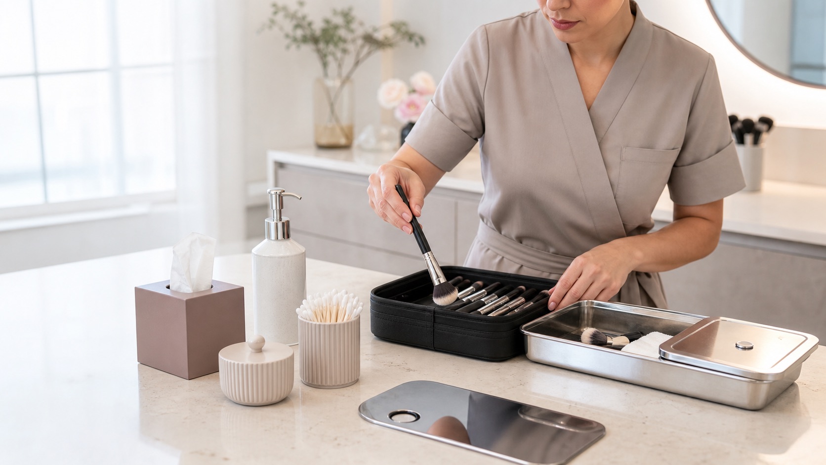 Make-up artist adulta organizza pennelli puliti, applicatori monouso e contenitore separato per strumenti usati