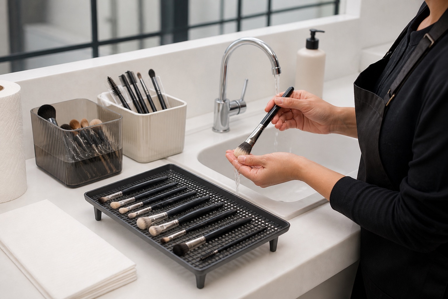 Make-up artist adulta pulisce un pennello sintetico e lascia asciugare altri pennelli in orizzontale su una griglia pulita