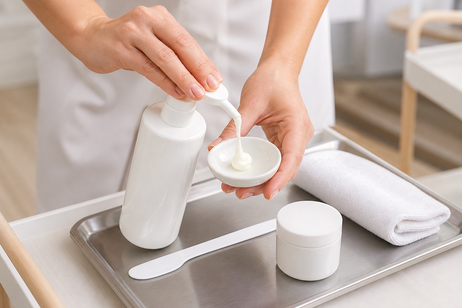 Professionista preleva una crema da un flacone a pompa in una ciotola pulita individuale accanto a spatola e vassoio