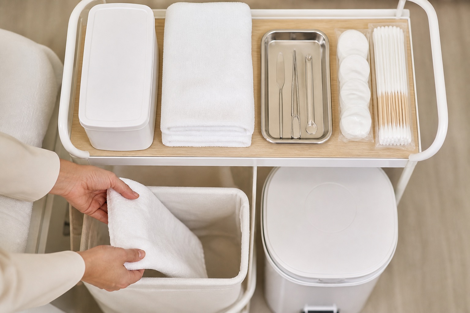 Postazione skincare vista dall’alto con tessili e strumenti puliti separati dai contenitori dedicati a biancheria usata e rifiuti
