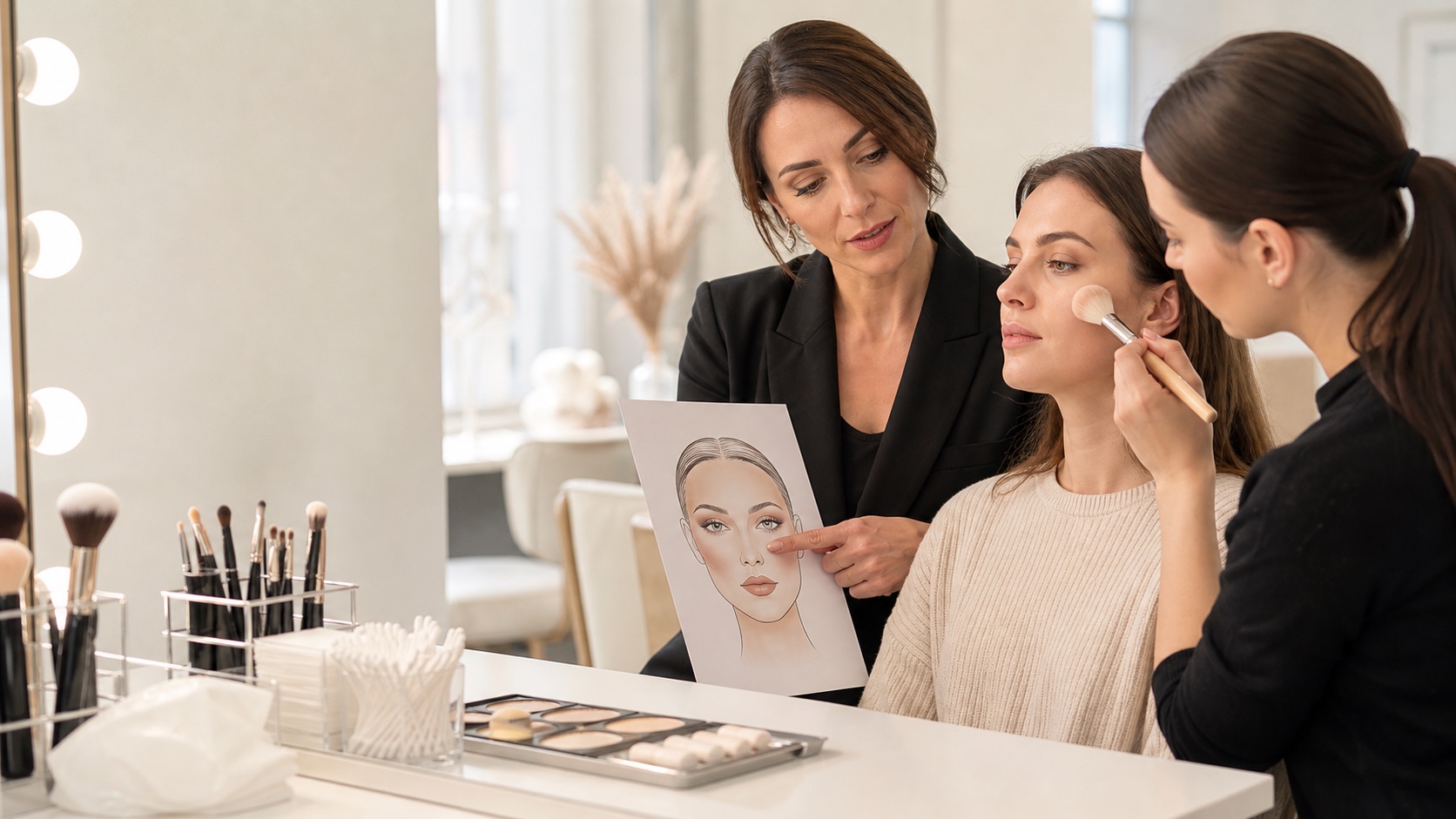 Allieva adulta applica il make-up a una modella mentre una docente indica una face chart in una postazione ordinata e luminosa