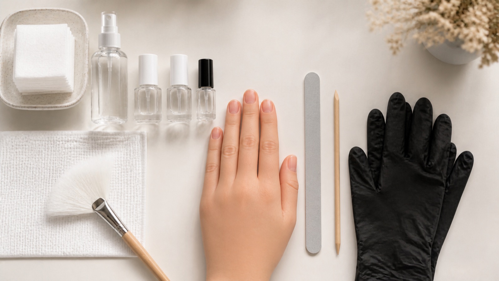 Nail technician follows a short seven-stage enhancement workflow while managing recurrent moisture on sweaty hands