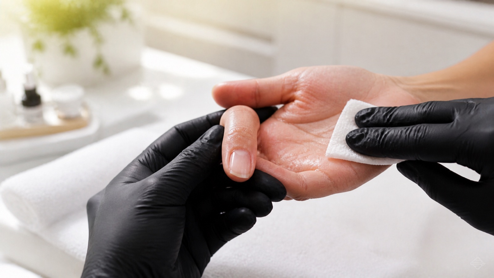 Professional pre-service assessment of intact nails and palms before an enhancement on very sweaty hands
