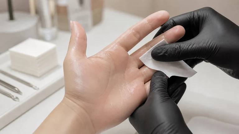 Mano guantata che tampona con una salvietta il palmo della cliente