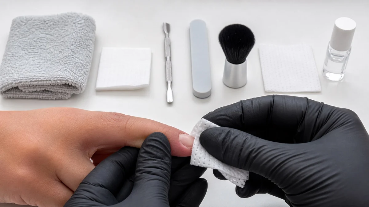 Salvietta accostata a un’unghia naturale, con strumenti e flacone disposti sul piano di lavoro
