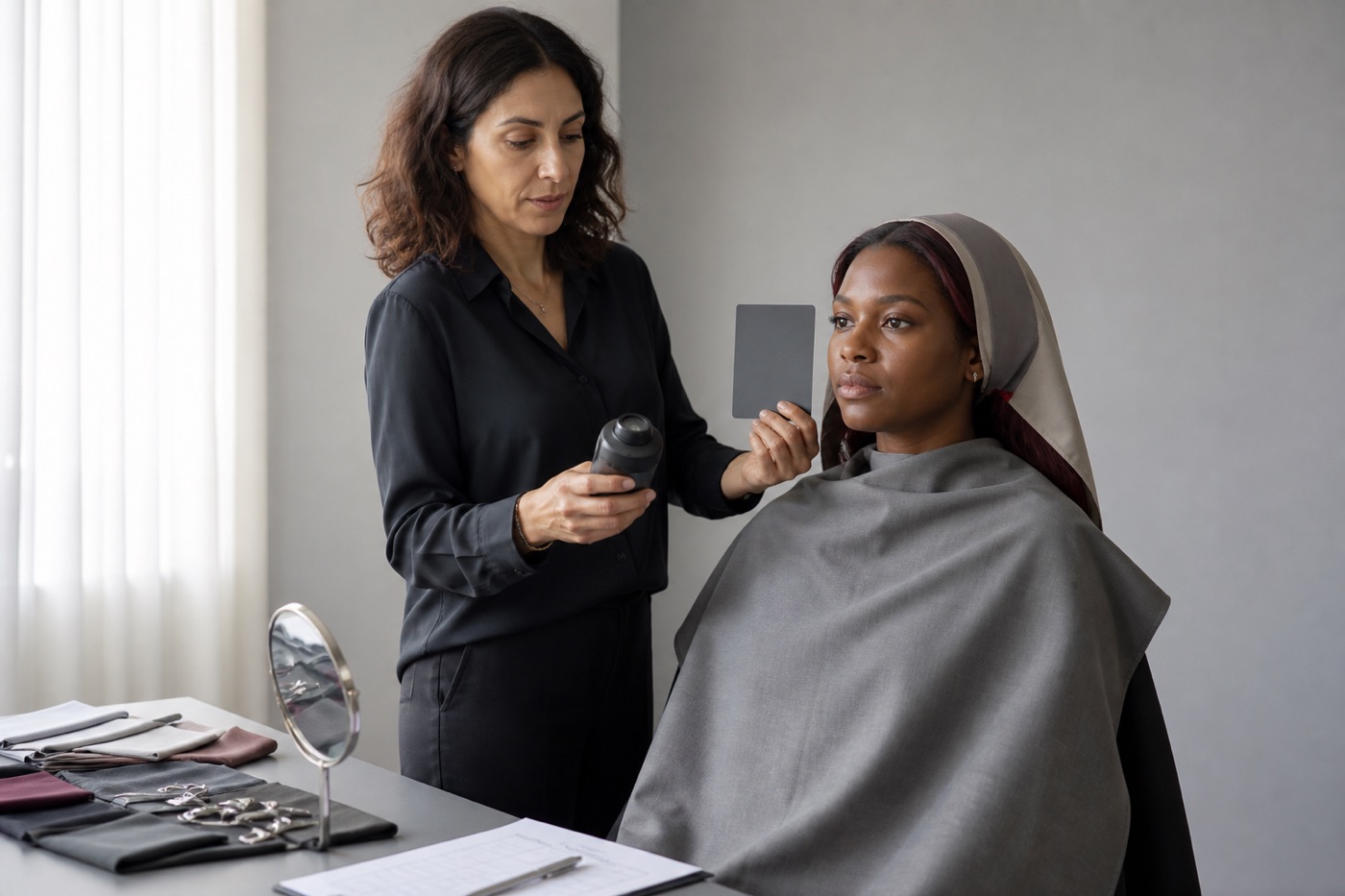 Consulente controlla luce e carta grigia accanto a una cliente con mantella e copertura capelli neutre prima del test con i drappi