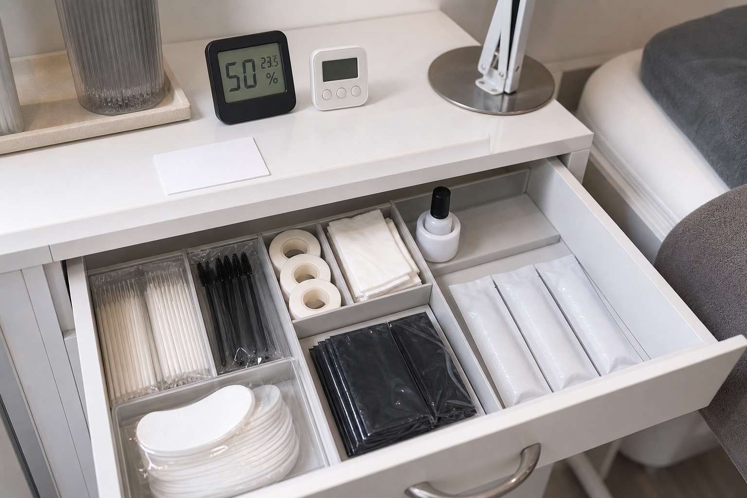 Cassetto ordinato con applicatori, scovolini, tape, pad, salviette sigillate e adesivo chiuso conservato in verticale accanto a igrometro e timer