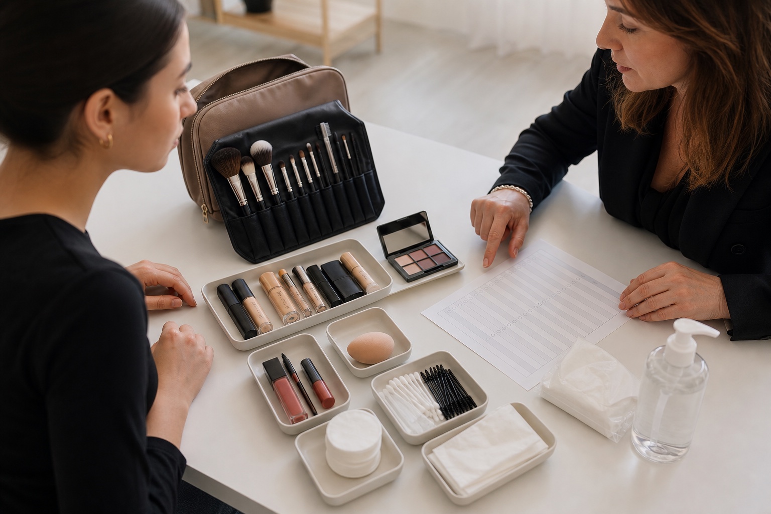 Kit make-up modulare con prodotti essenziali, pennelli puliti e applicatori monouso