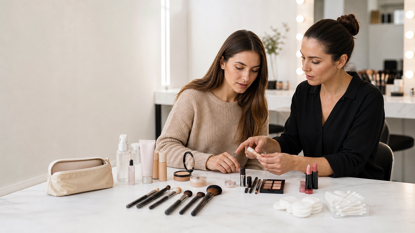Allieva adulta e docente organizzano un kit make-up essenziale per esercizi da principiante
