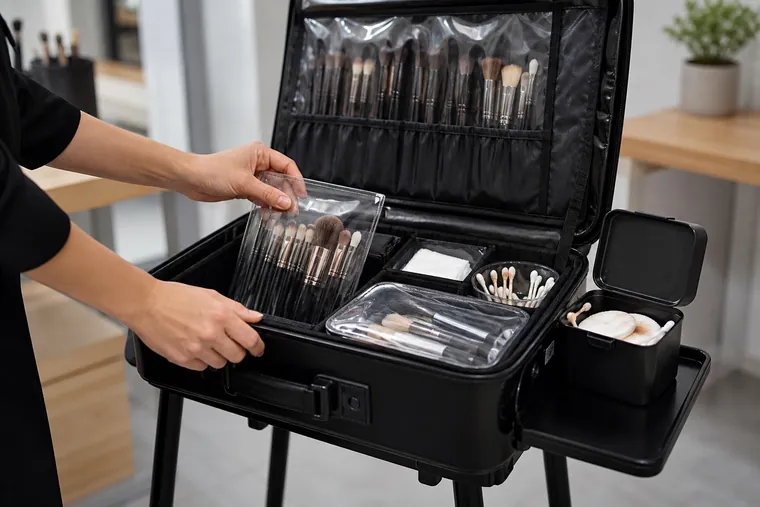 Preparazione di un trolley make-up con astucci trasparenti per i pennelli e scomparti rimovibili