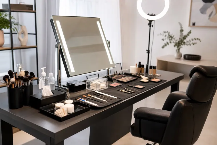 Piano da trucco con specchio illuminato, seduta, pennelli e vassoi portaoggetti
