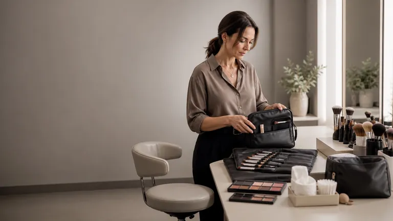 Make-up artist prepara un astuccio di pennelli accanto alla postazione di lavoro