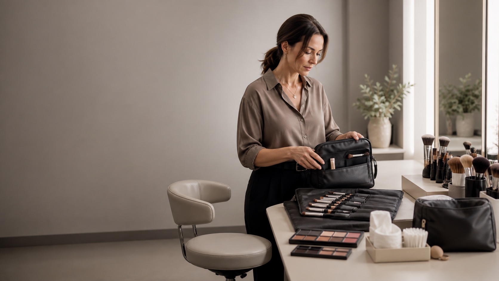 Make-up artist adulta organizza un kit modulare accanto a una postazione professionale con sedia e luce diffusa