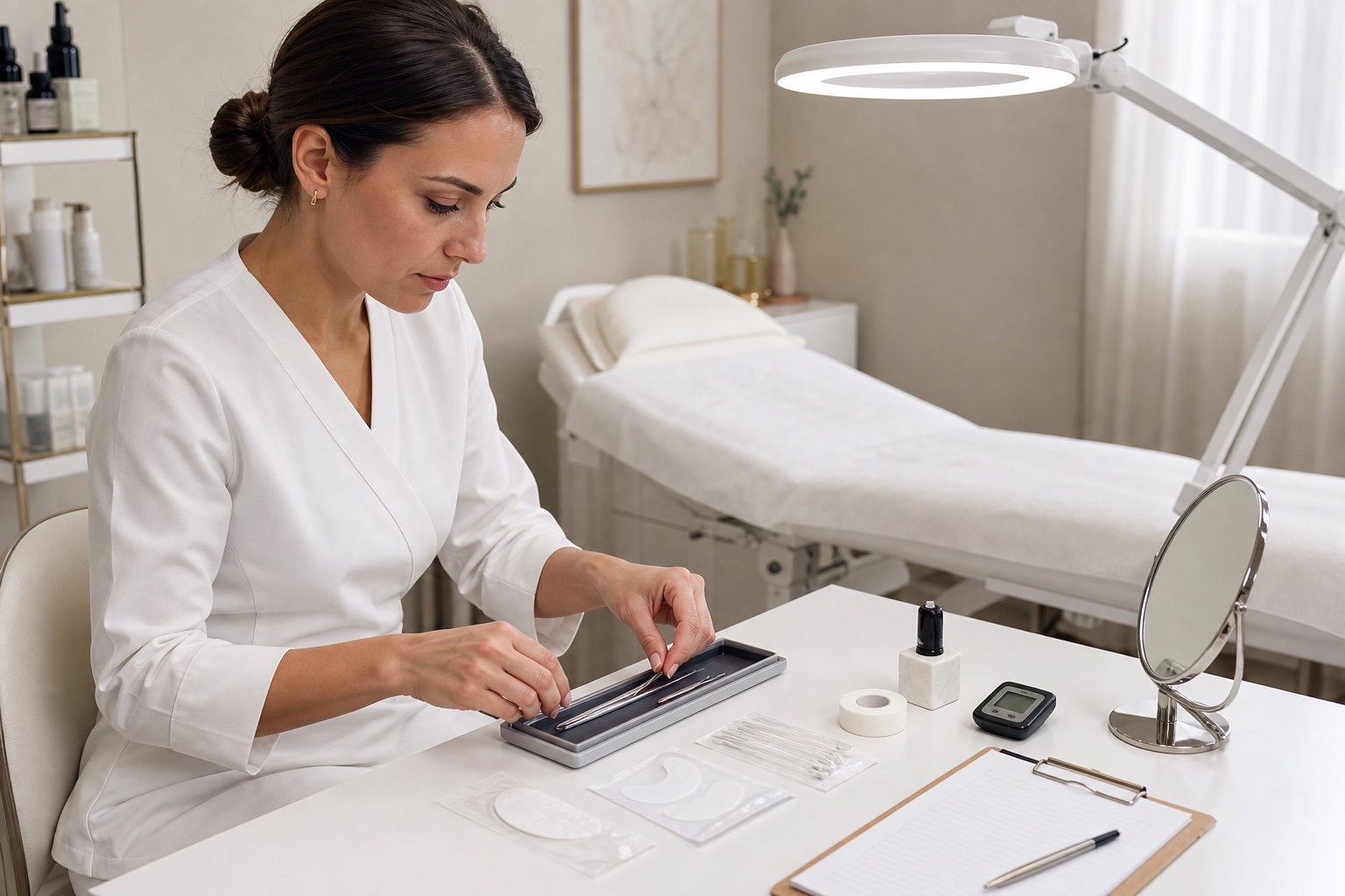 Lash maker adulta organizza pinzette protette, consumabili sigillati, adesivo chiuso, igrometro, specchio e scheda su una postazione illuminata e ordinata