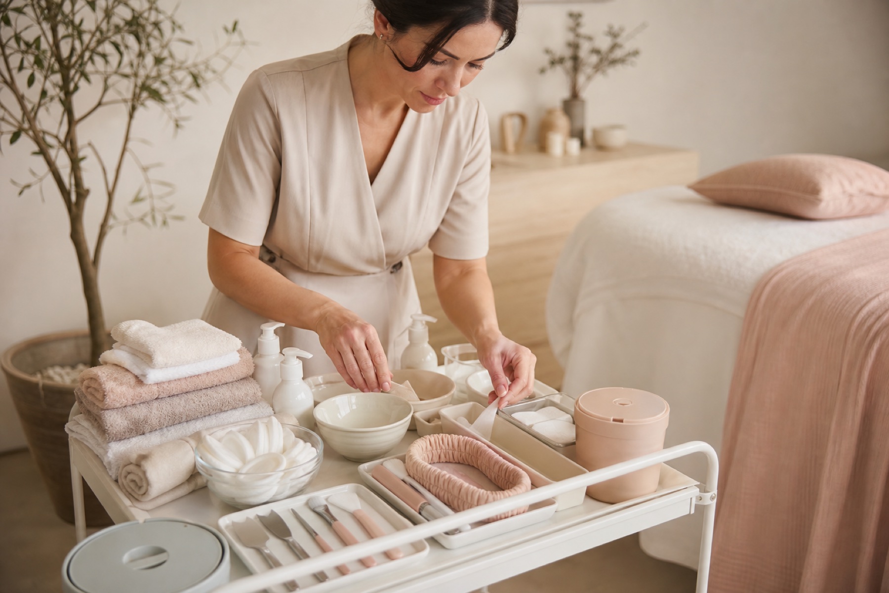Professionista prepara un carrello con tessili, ciotole, spatole, fasce, dischetti e cosmetici senza marchio accanto al lettino