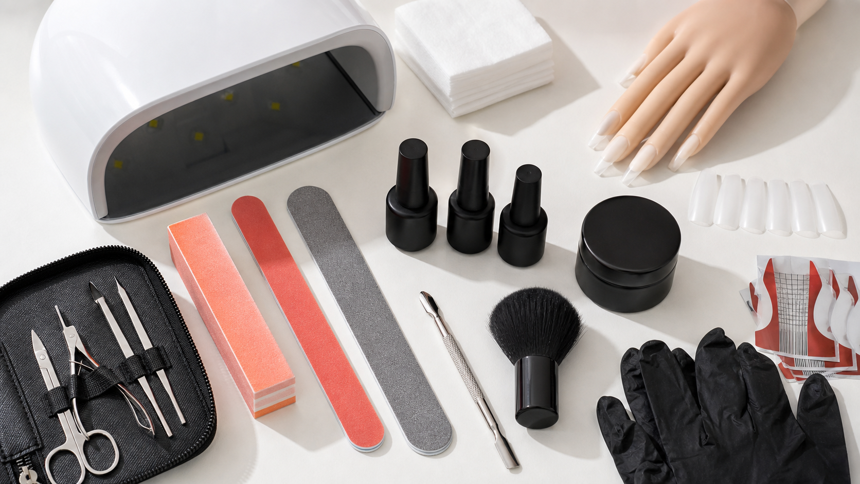 Kit essenziale per ricostruzione unghie disposto in modo ordinato con lampada, lime, guanti, pennello, cartine e pochi prodotti senza marchio