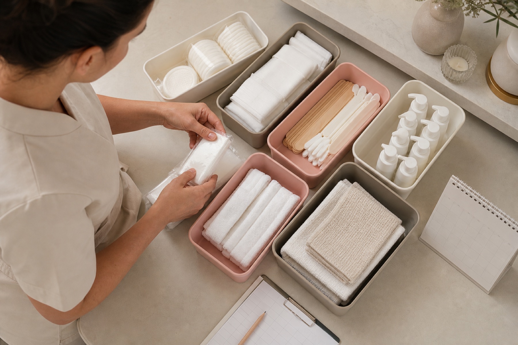 Professionista organizza dischetti, garze, spatole, applicatori, fasce, tessili e flaconi a pompa in contenitori separati