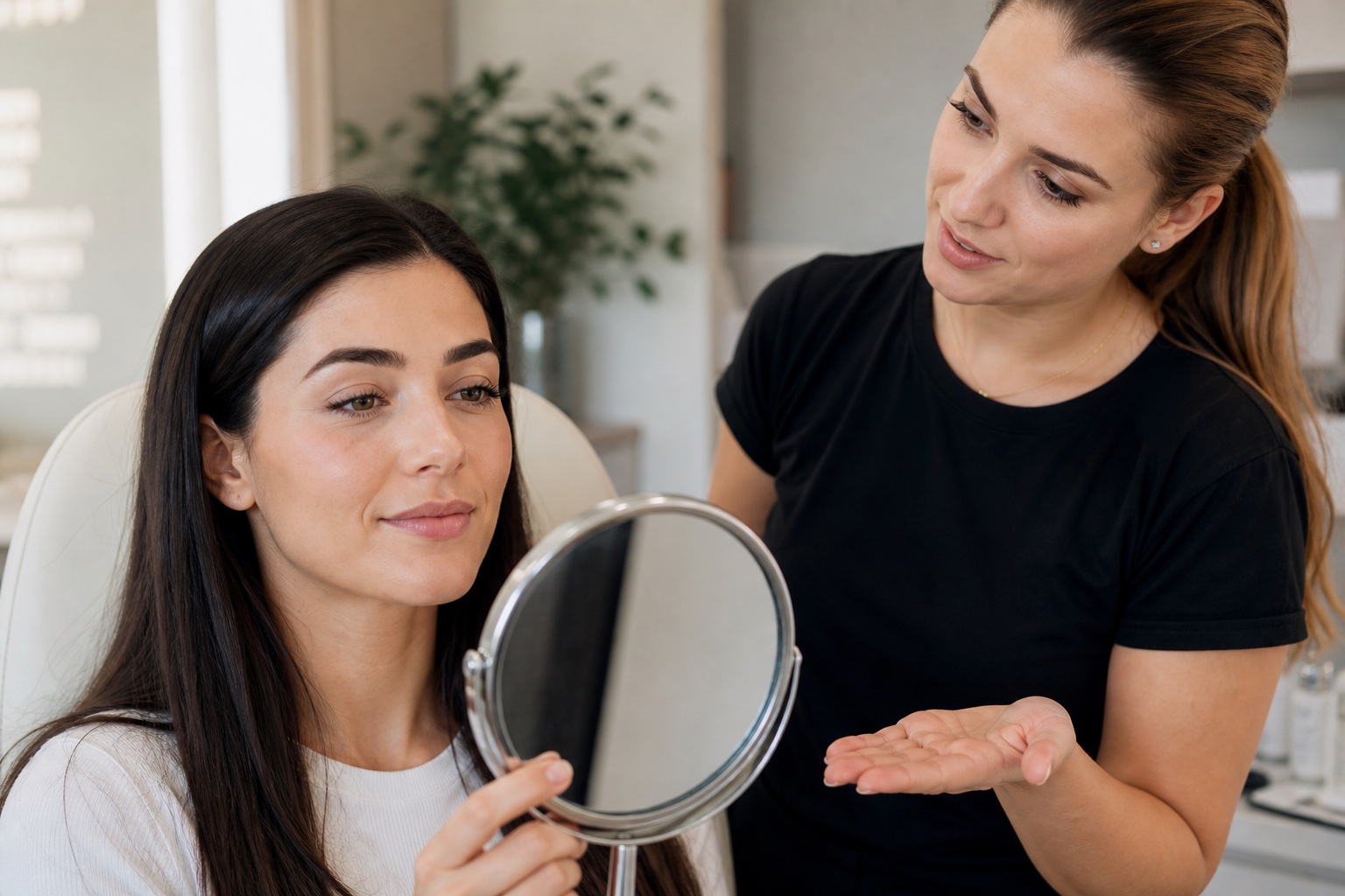 Cliente adulta osserva allo specchio il risultato naturale della laminazione mentre la professionista adulta spiega curvatura e limiti del servizio