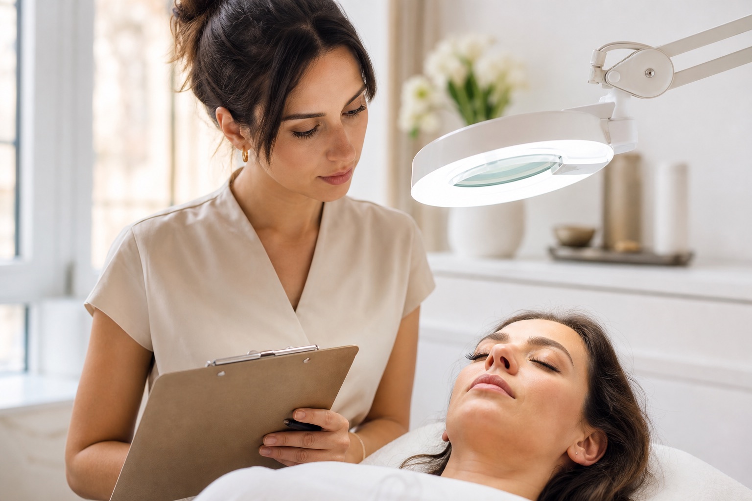 Professionista adulta osserva con lente e documenta le ciglia naturali di una cliente adulta dopo un risultato di laminazione non soddisfacente