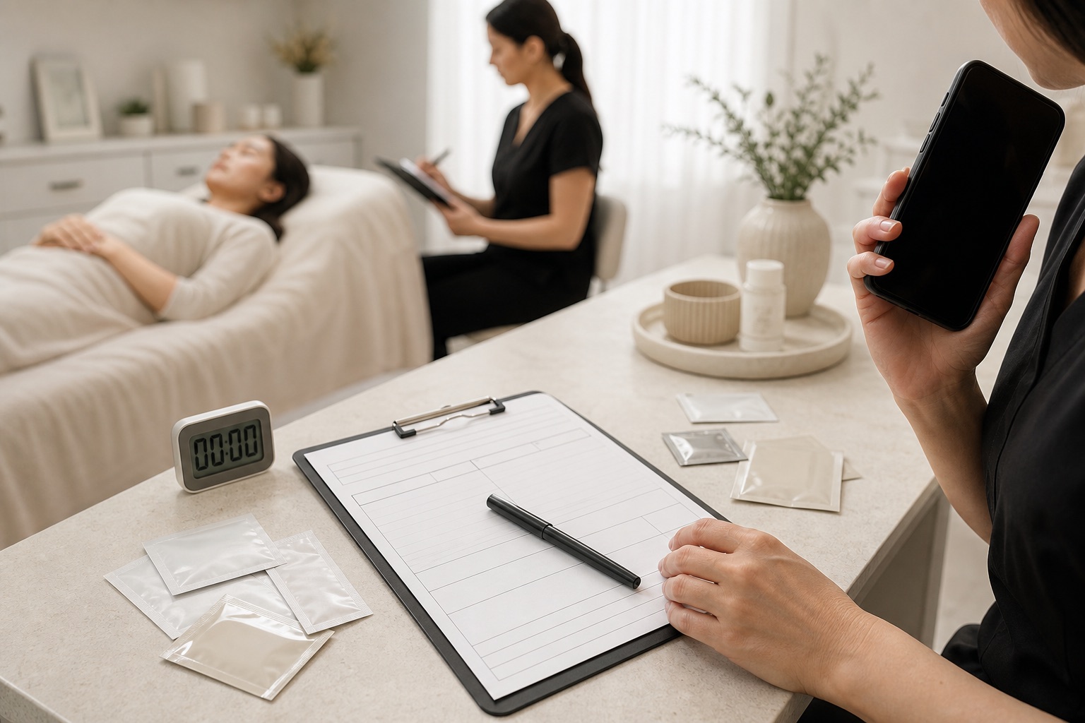 Postazione professionale con scheda cliente, timer, confezioni senza marchio e telefono per contattare l’assistenza tecnica prima di correggere una laminazione