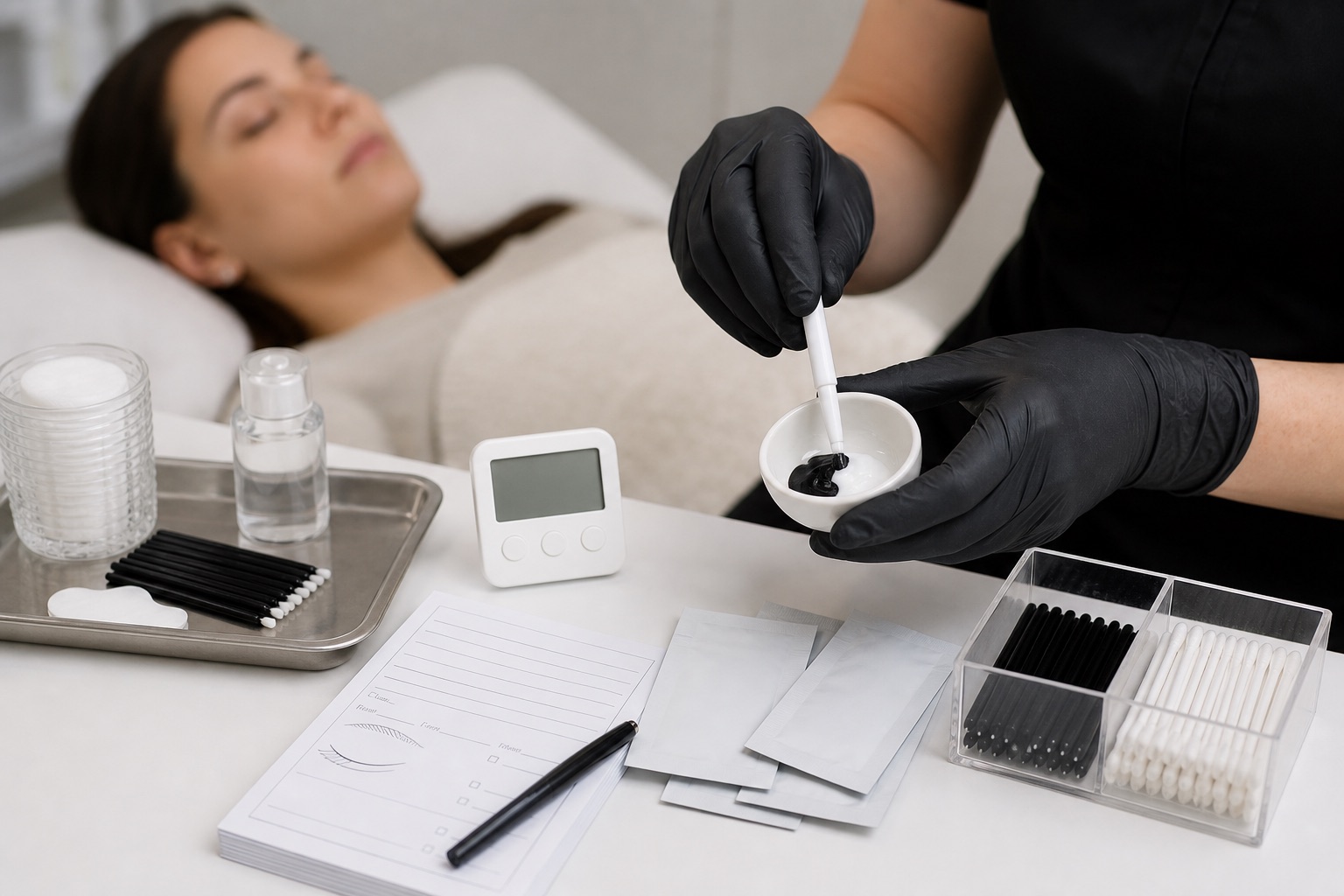 Professionista adulta con guanti prepara una piccola quantità di tinta ciglia senza marchio accanto a timer, applicatori monouso, confezioni chiuse e scheda cliente