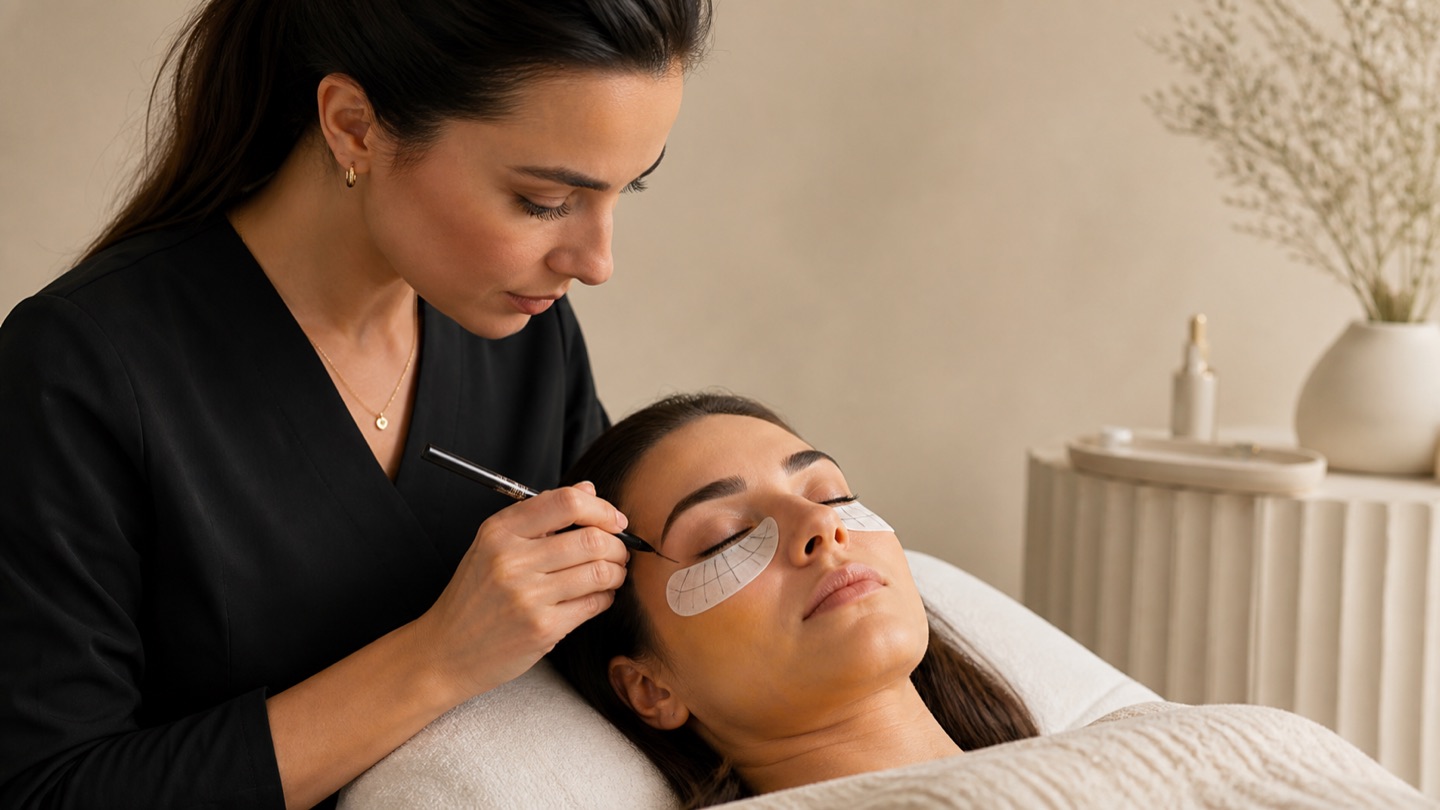 Lash artist adulta progetta una mappa extension sui pad di una cliente adulta con occhi chiusi in una postazione professionale pulita