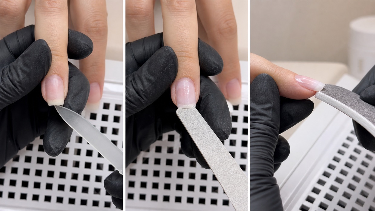 Nail technician stabilises a client’s finger and refines a cured nail enhancement with a hand file in a clean workstation