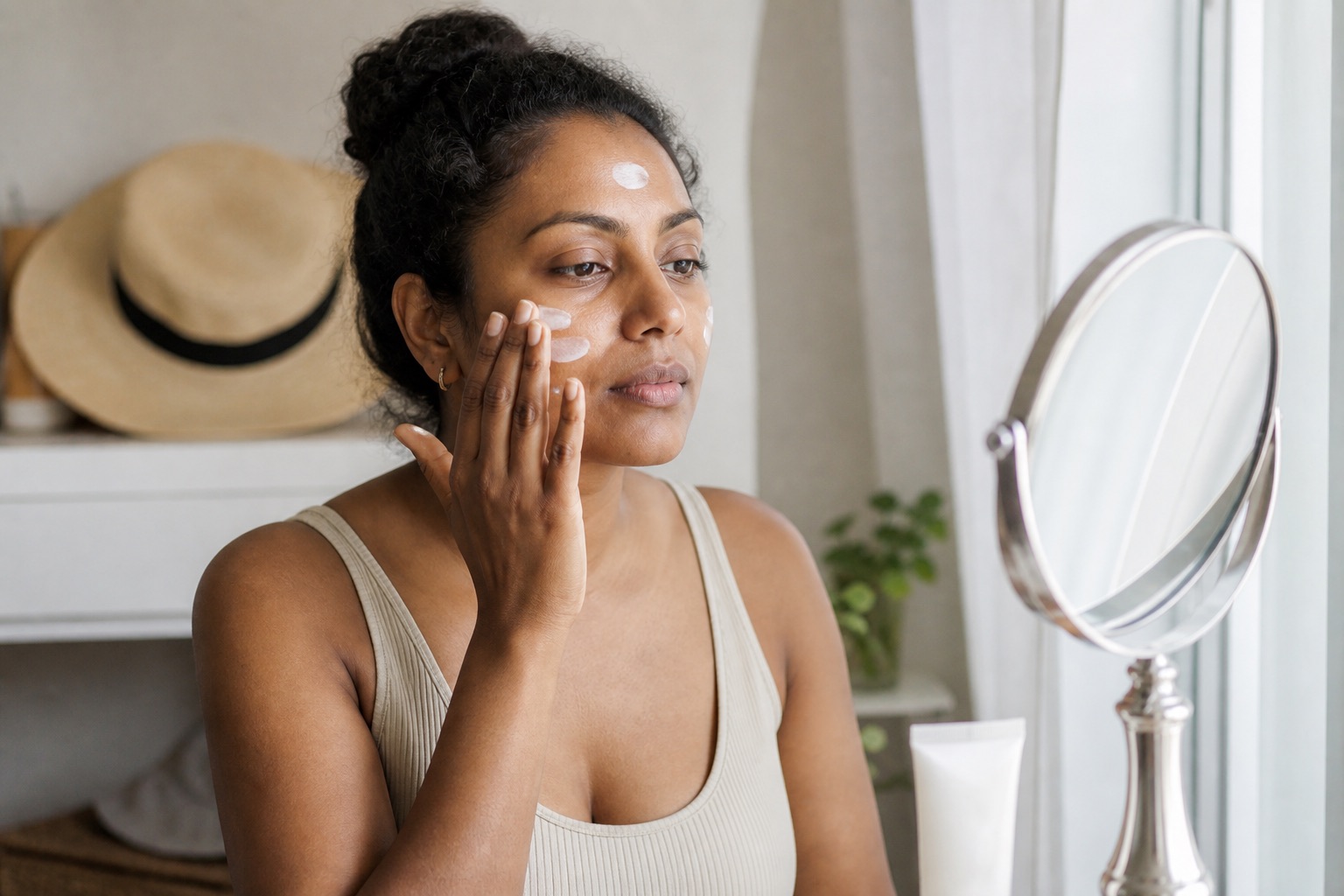 Donna adulta con incarnato profondo applica delicatamente una protezione solare sul viso accanto a uno specchio e a un cappello