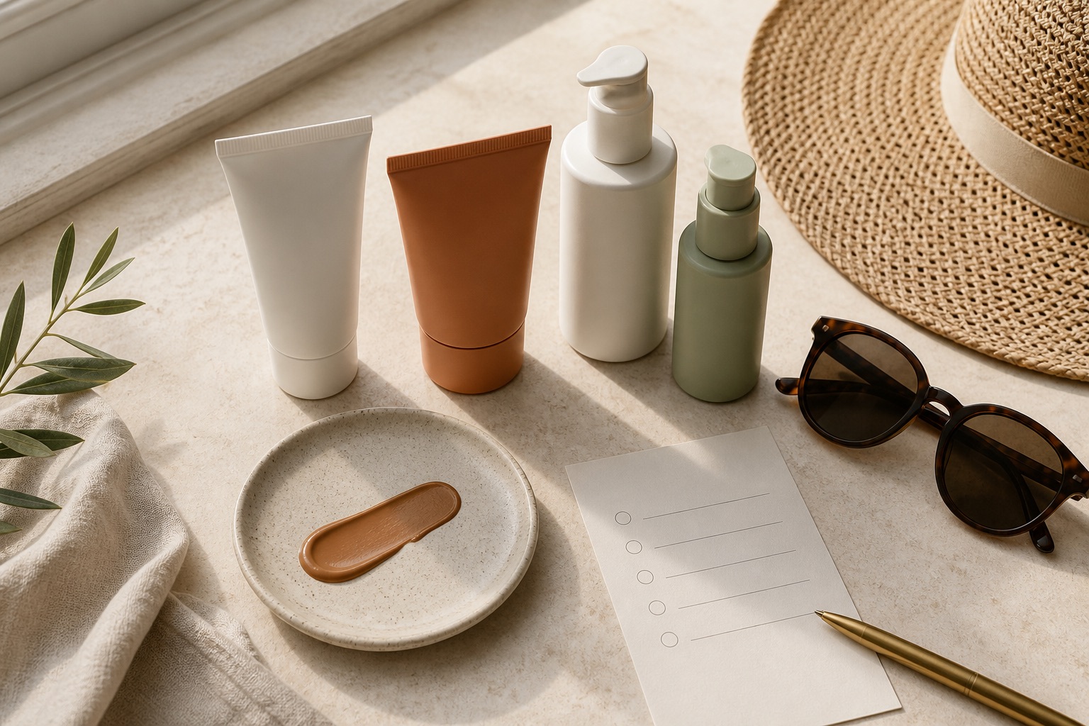 Protezione solare, protezione colorata, idratante e trattamento senza marchio accanto a cappello, occhiali e scheda routine
