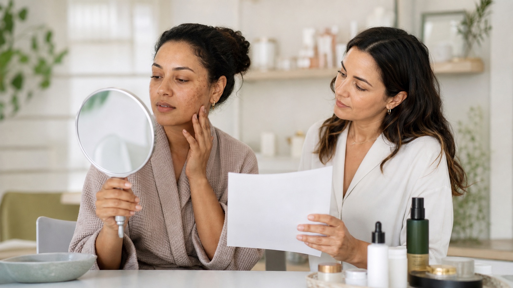 Professionista skincare e donna adulta con incarnato medio-profondo osservano insieme il viso allo specchio e una scheda senza formulare diagnosi