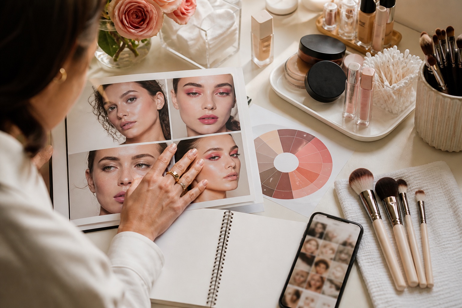 Make-up artist seleziona fotografie coerenti per il portfolio accanto a pennelli puliti, prodotti e una ruota cromatica