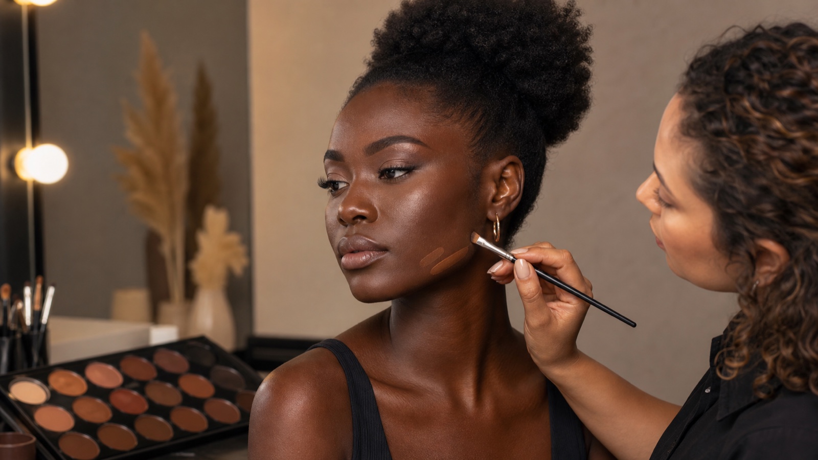 Make-up artist adulta confronta due tonalità di fondotinta sulla mandibola di una modella adulta nera con incarnato profondo in uno studio professionale