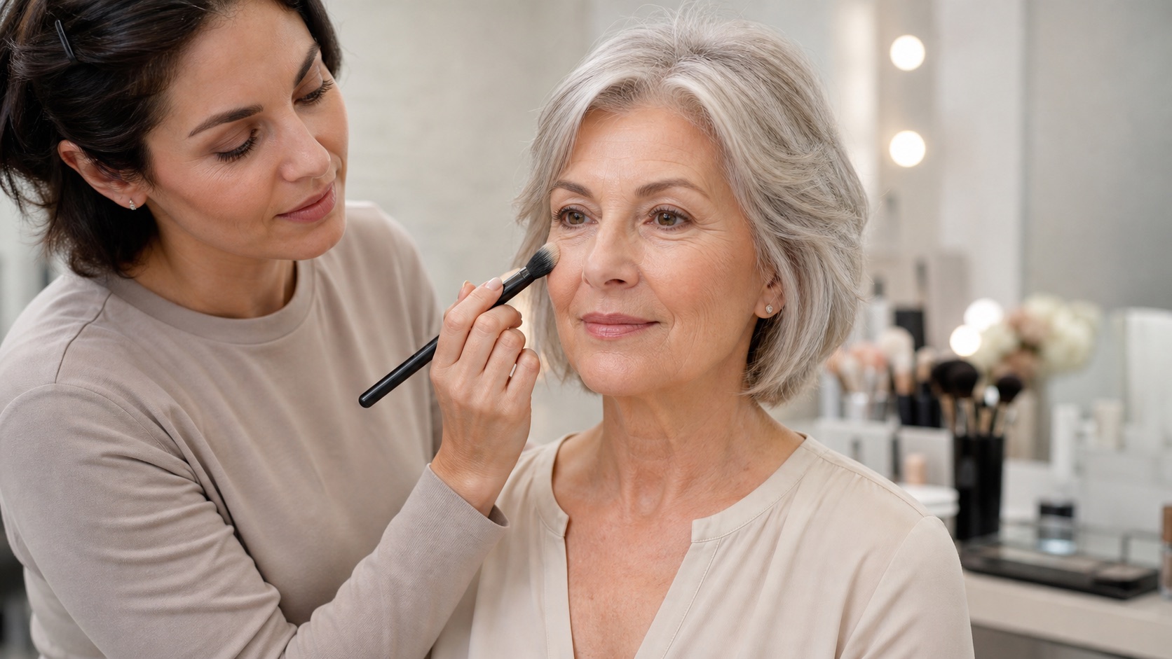 Make-up artist adulta applica una base leggera su una cliente adulta con pelle matura e texture naturale in uno studio professionale