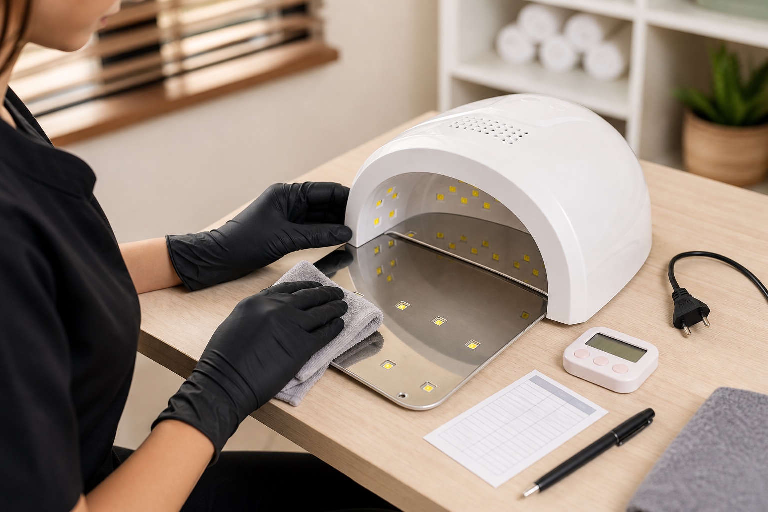 Onicotecnica pulisce la base riflettente e controlla i diodi di una lampada UV LED scollegata