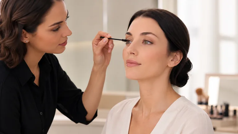 Applicazione illustrativa del mascara sulle ciglia superiori con uno scovolino monouso nero