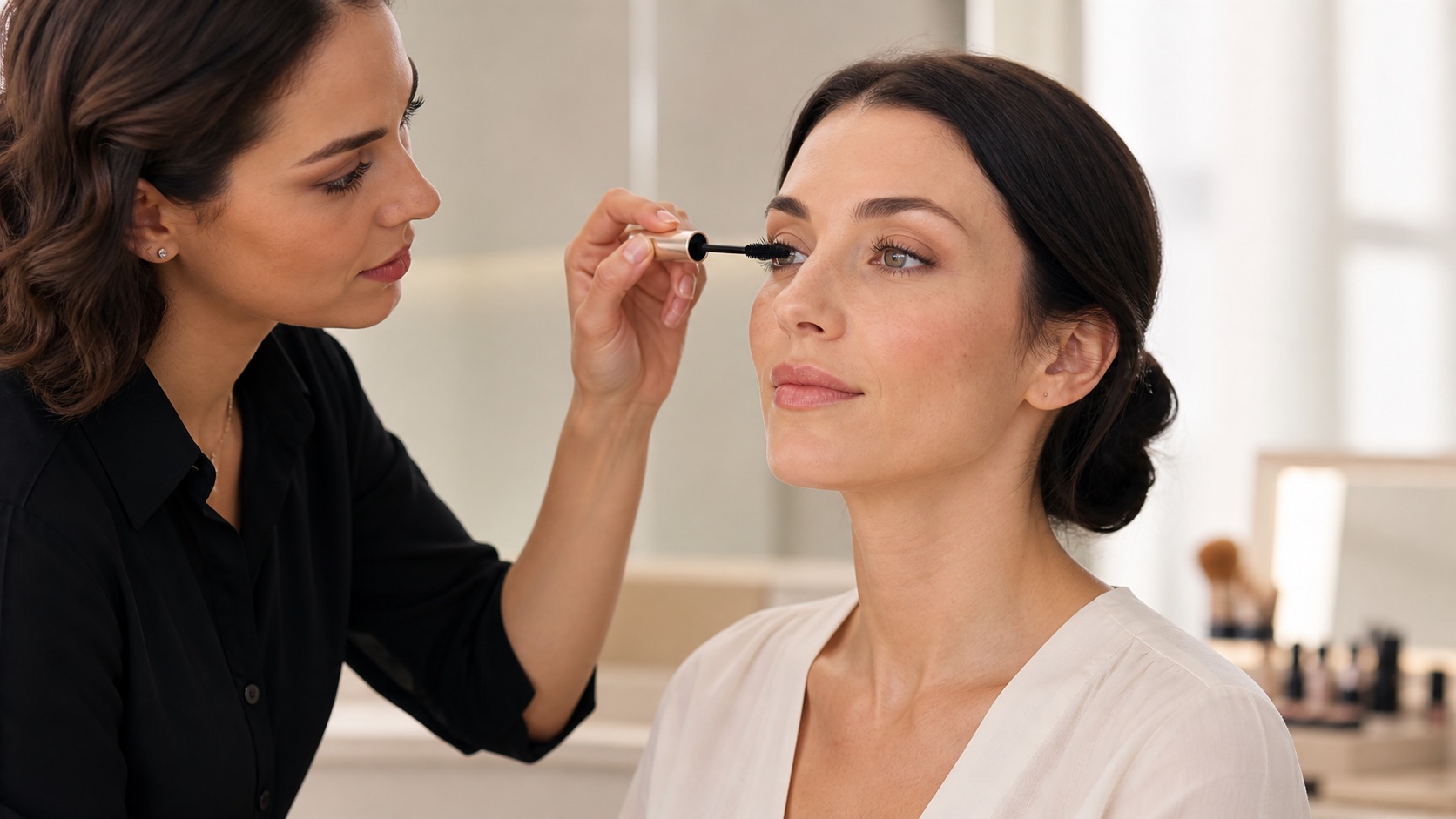 Make-up artist applica mascara con un solo scovolino alle ciglia superiori di una cliente adulta in uno studio luminoso