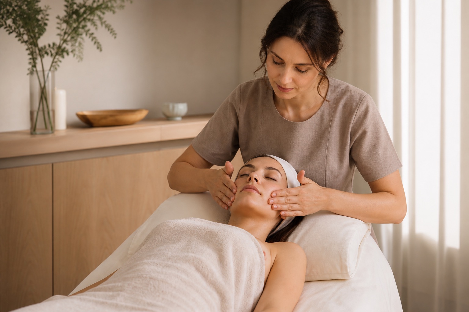 Professionista esegue un massaggio viso cosmetico simmetrico e delicato su guance e mandibola in uno studio luminoso