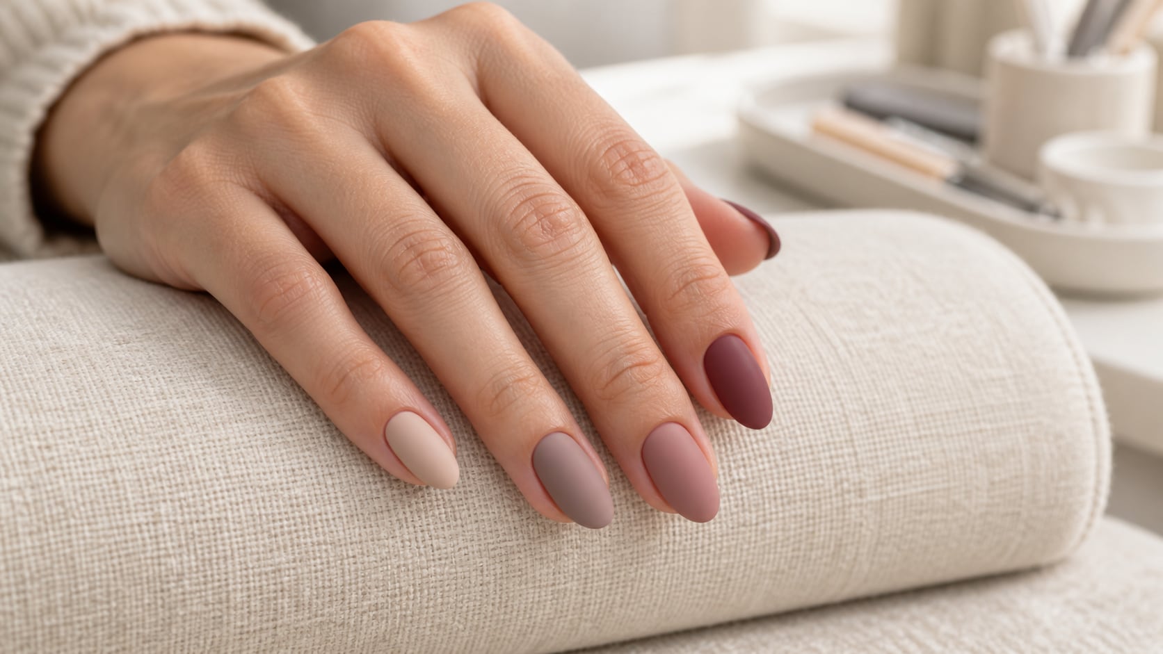 Matte almond manicure in muted nude, taupe, dusty rose and burgundy on an ivory manicure cushion