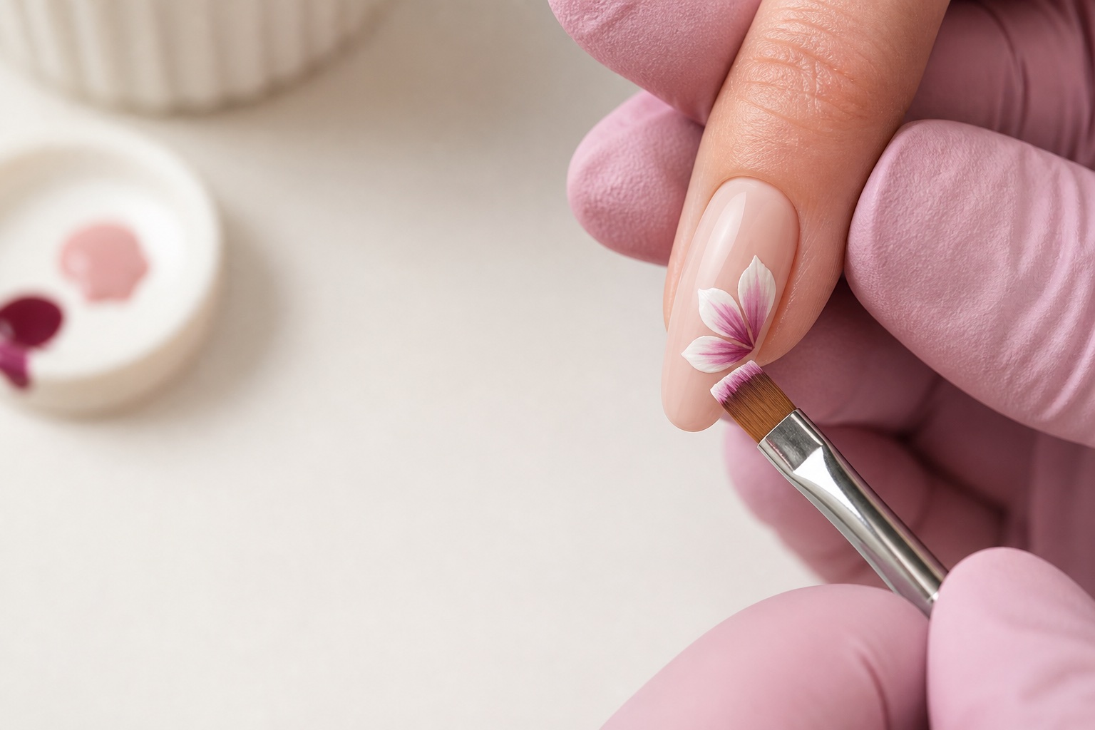 Nail artist realizza un fiore One Stroke rosa e bianco con pennello piatto su unghia nude