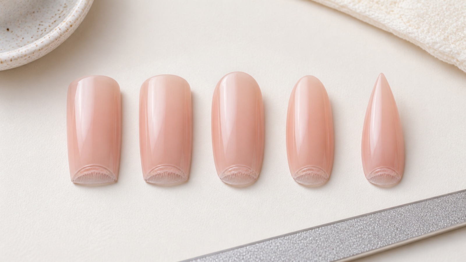 Six nude practice nails showing square, squoval, round, oval, coffin and almond outline principles
