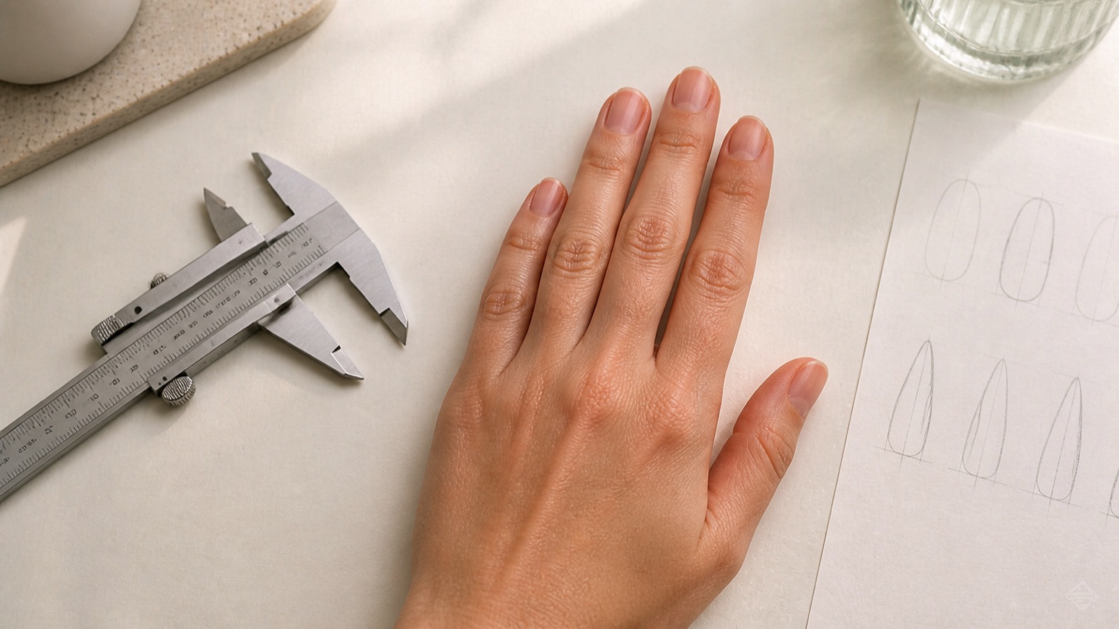 Natural hand beside a calliper and sketches while nail-bed proportions, finger axis and available length are assessed