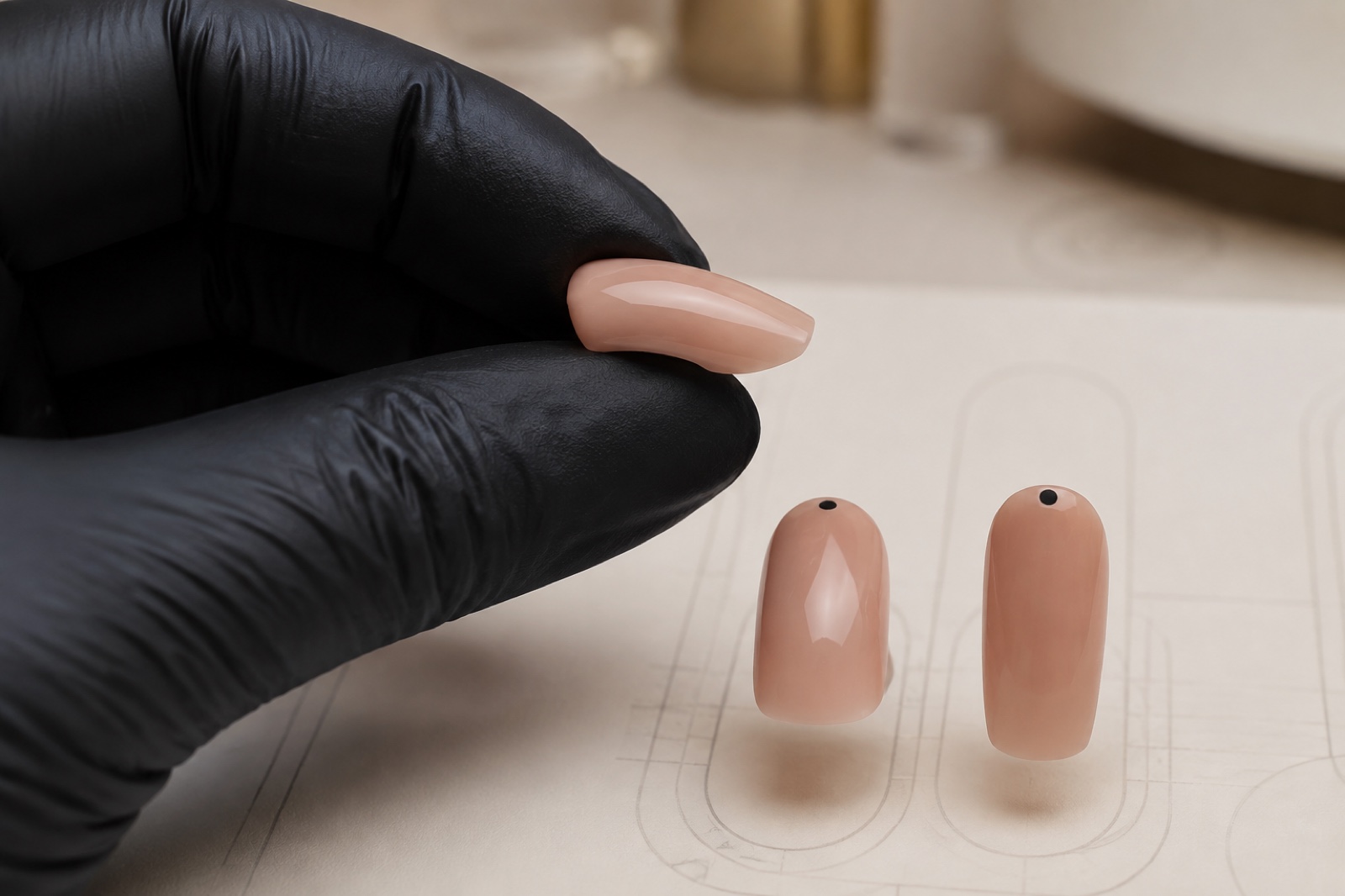 Professional examines a balanced nude nail apex from the side beside practice replicas prepared for top and front inspection