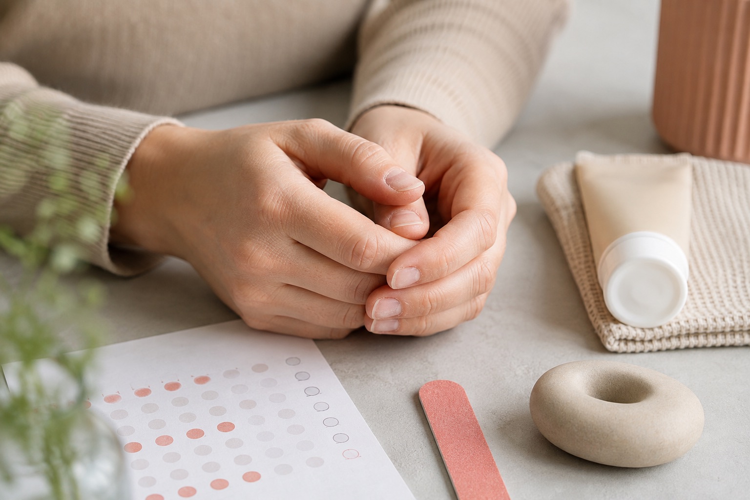 Adult hands with short natural nails beside a gentle file, hand cream, smooth fidget object and visual habit tracker
