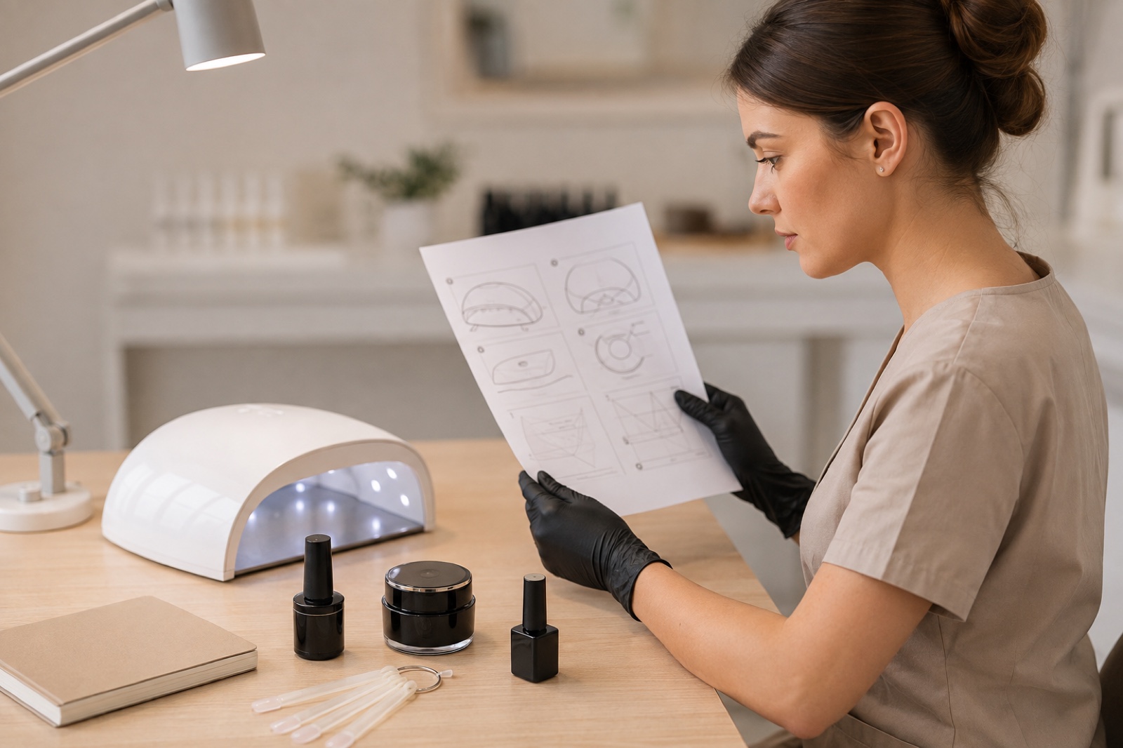 Nail student checks an unbranded curing lamp against the technical instructions for one coherent gel system