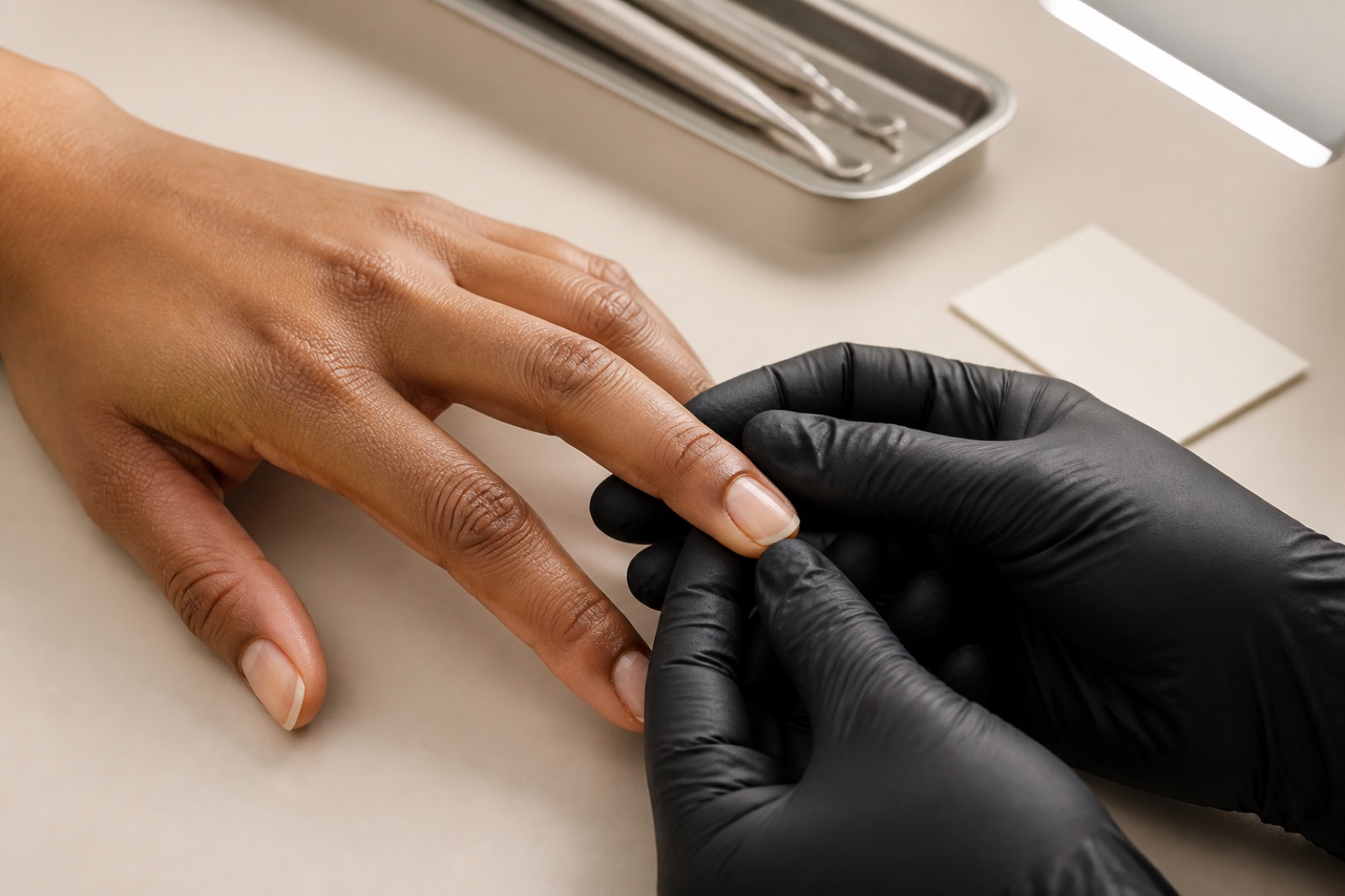 Nail professional wearing black gloves gently supports a client’s natural finger and observes the proximal nail fold and nail plate under a daylight lamp