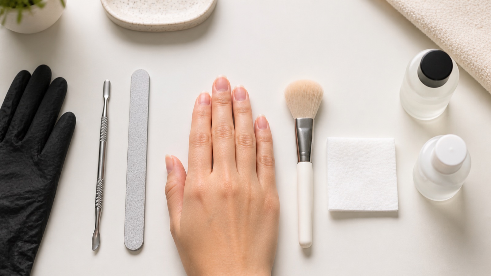 Eight-stage professional nail-prep sequence from assessment and hygiene to compatible base application