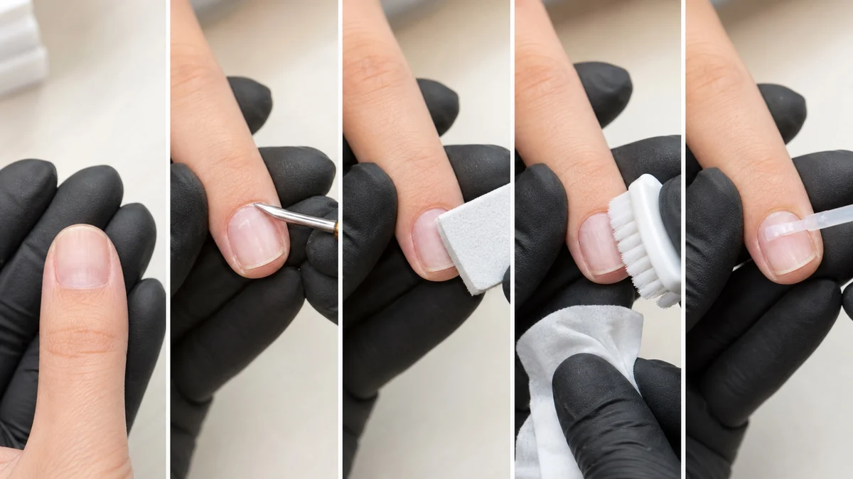 Cinque dettagli: osservazione, strumento sul contorno, buffer, spazzola e pennello con preparatore